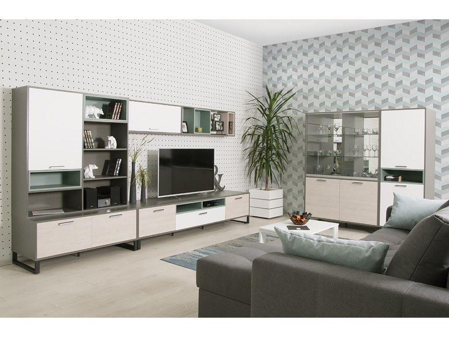 Гостиная белый глянец и дерево