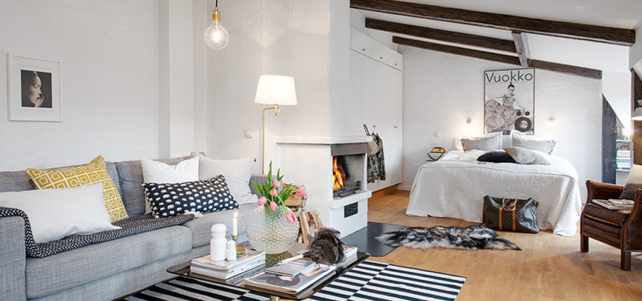 Гостиная с кроватью в скандинавском стиле