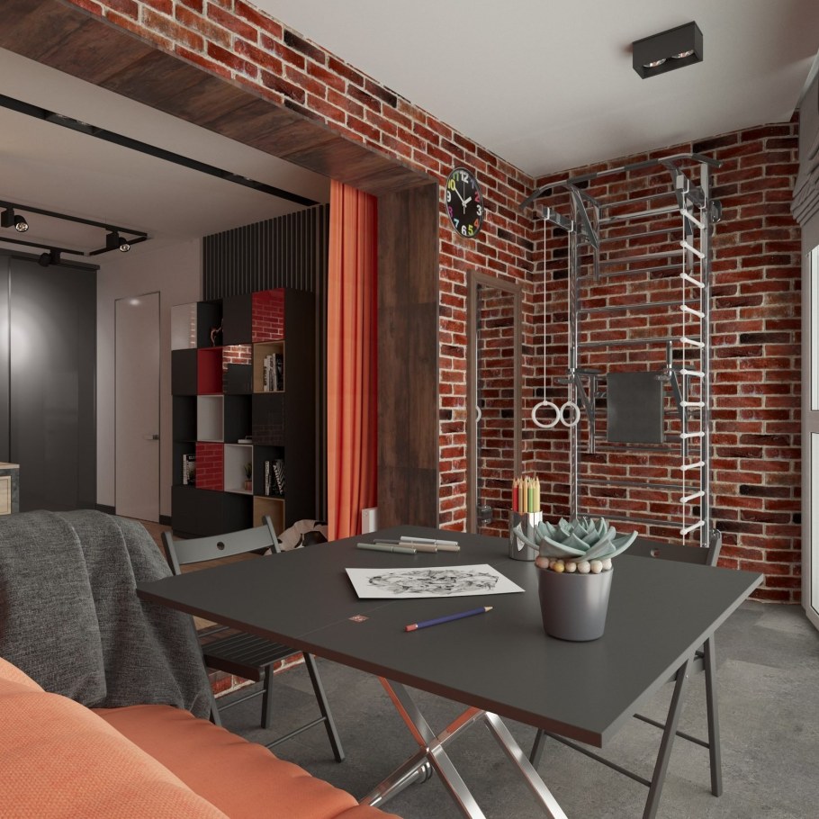 Студия 25 кв м в стиле лофт кирпич