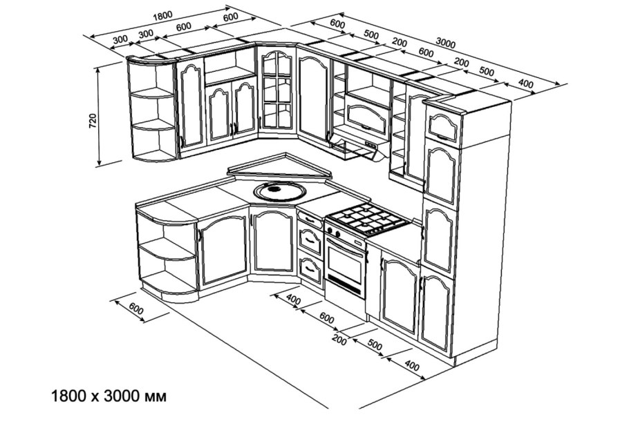Угловой кухонный гарнитур 2000х1400 схема