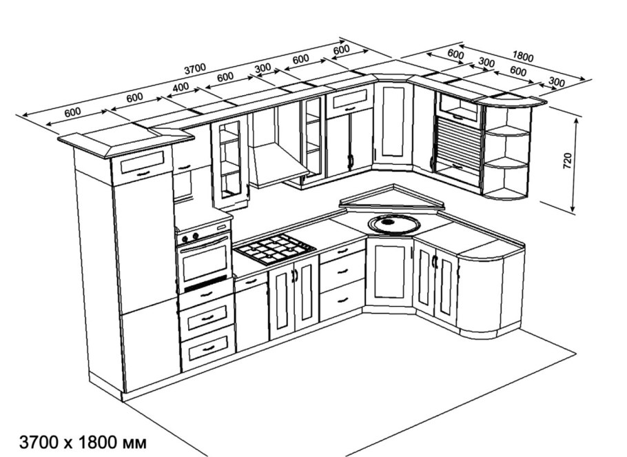 Кухонная мебель вид сбоку чертеж