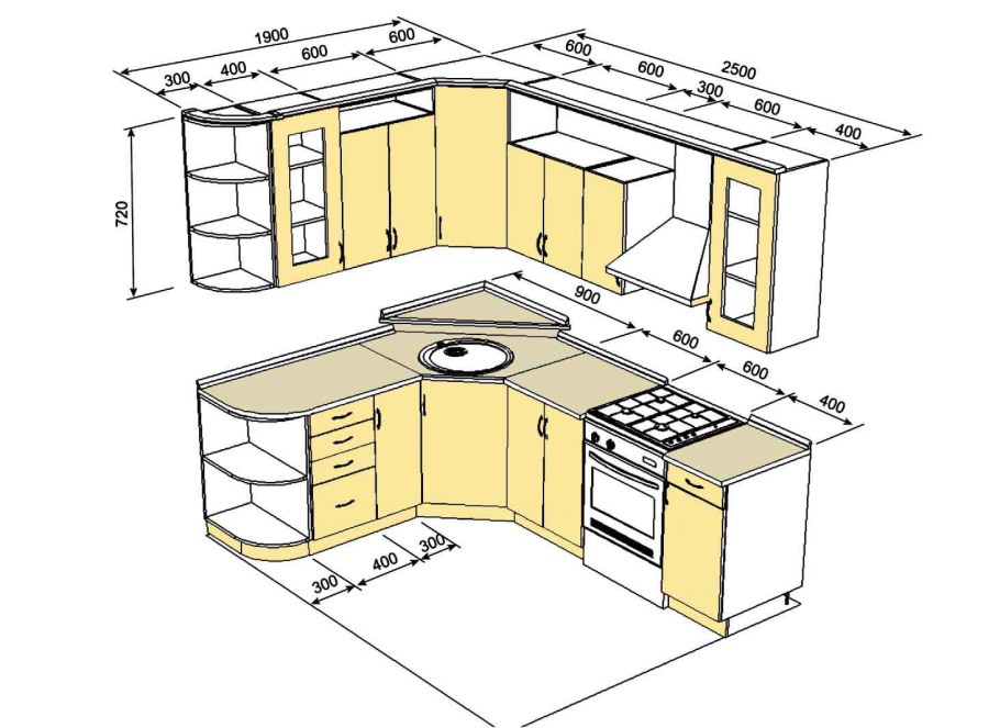 Кухонный мебель угловой чертеж