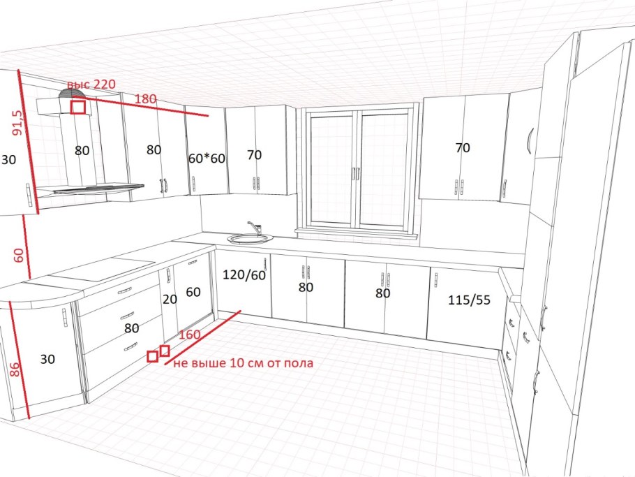 Угловая кухня чертеж