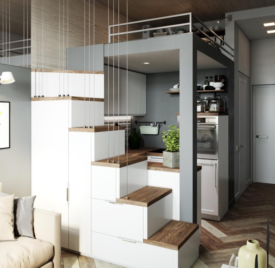 Кухня в прямоугольной студии