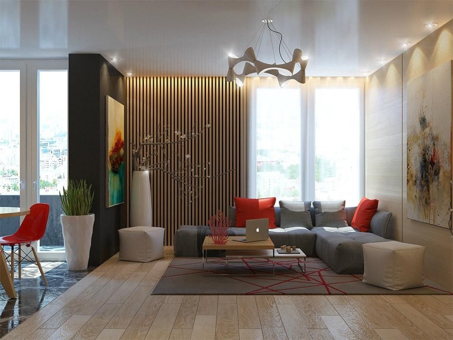 Рейки в интерьере гостиной