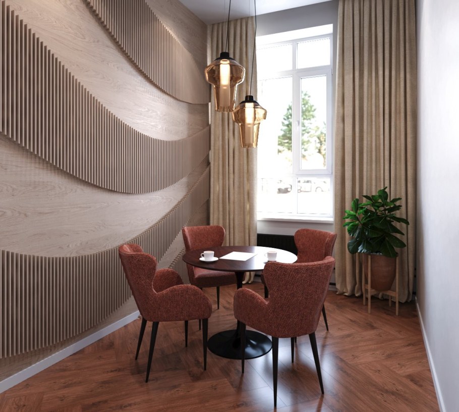 Зонирование рейками кухня гостиная