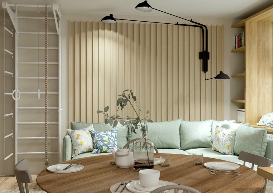 Деревянные рейки в интерьере на стене в гостиной