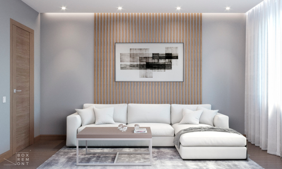 Декоративные рейки для стен в гостиной за диваном