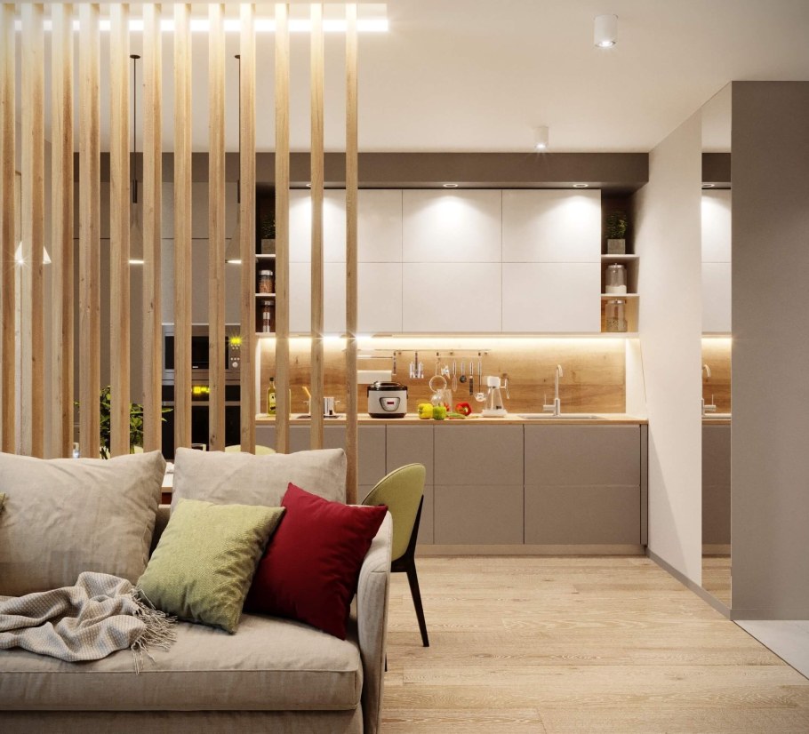 Зонирование кухни в студии 20 кв.м