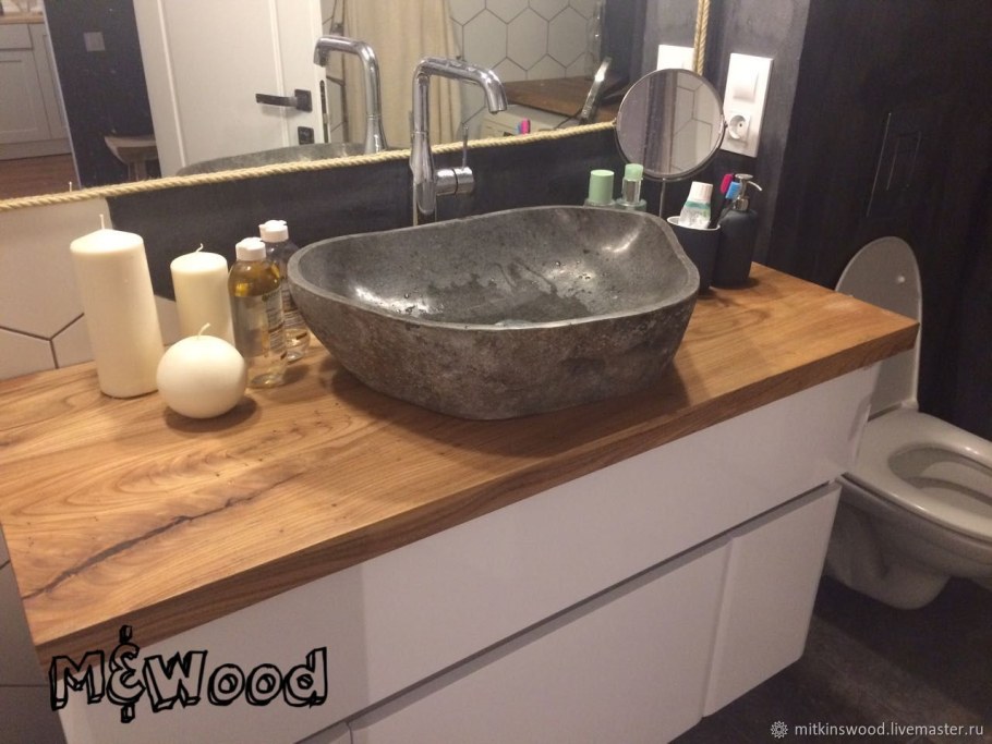 Деревянная столешница в ванную под раковину из камня