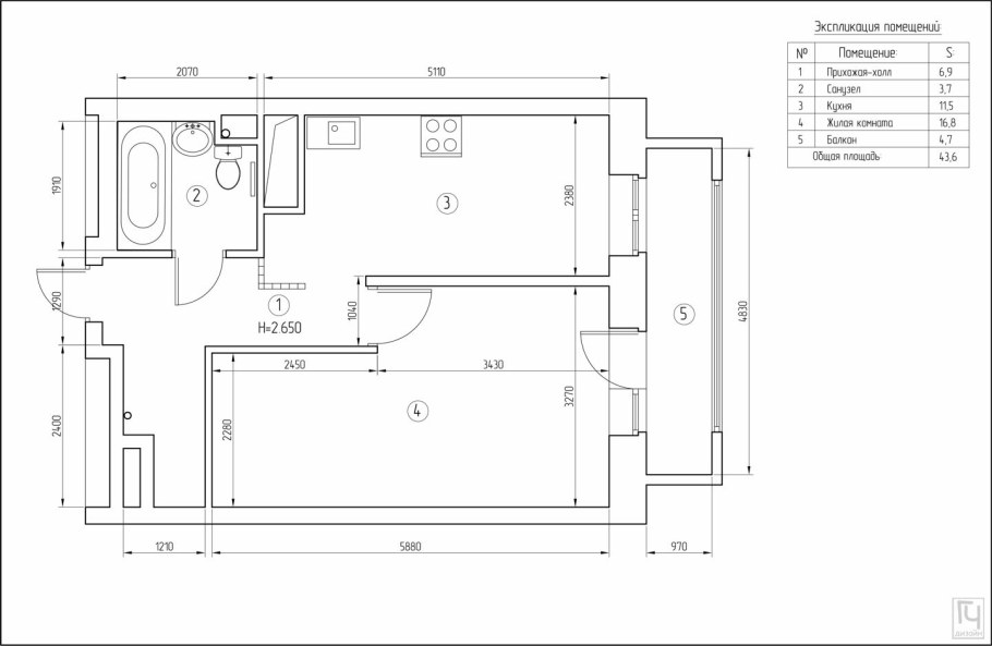 План однокомнатной квартиры с размерами чертеж