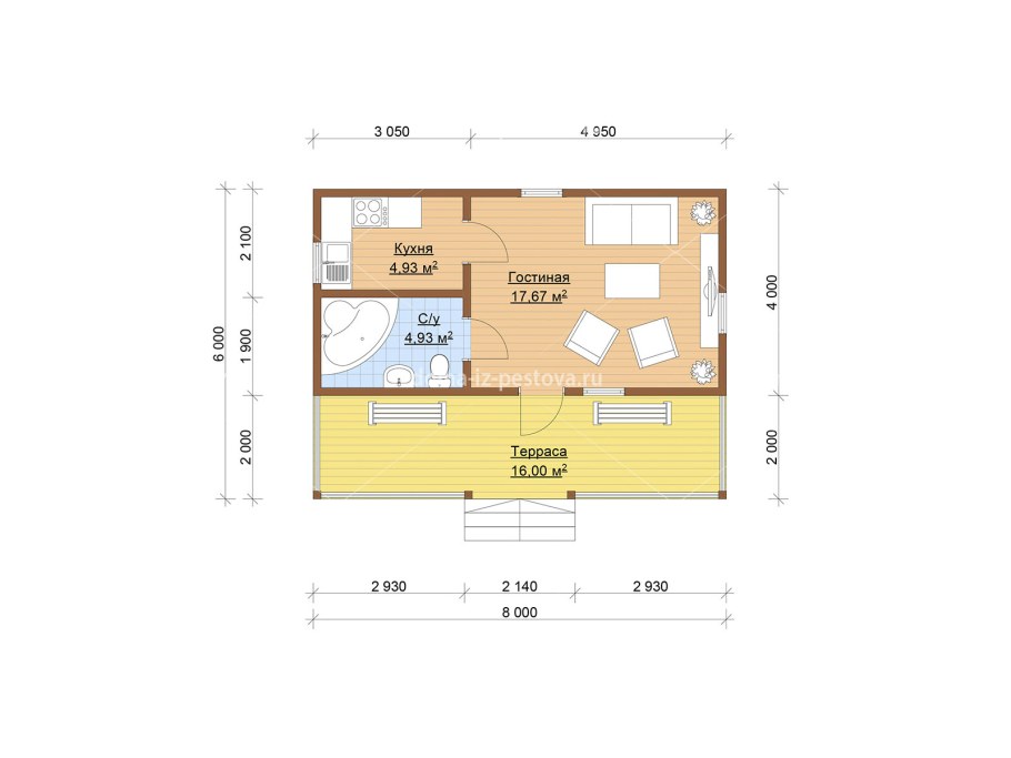 Планировка домика 6х6 с террасой
