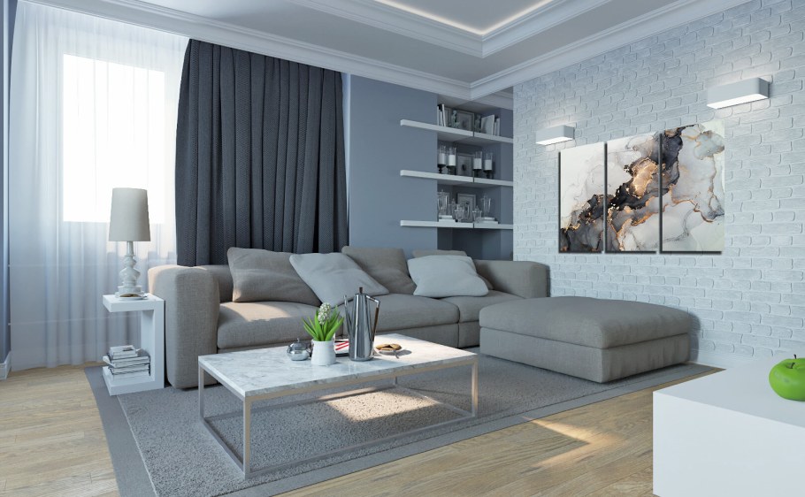 Серый диван в интерьере гостиной