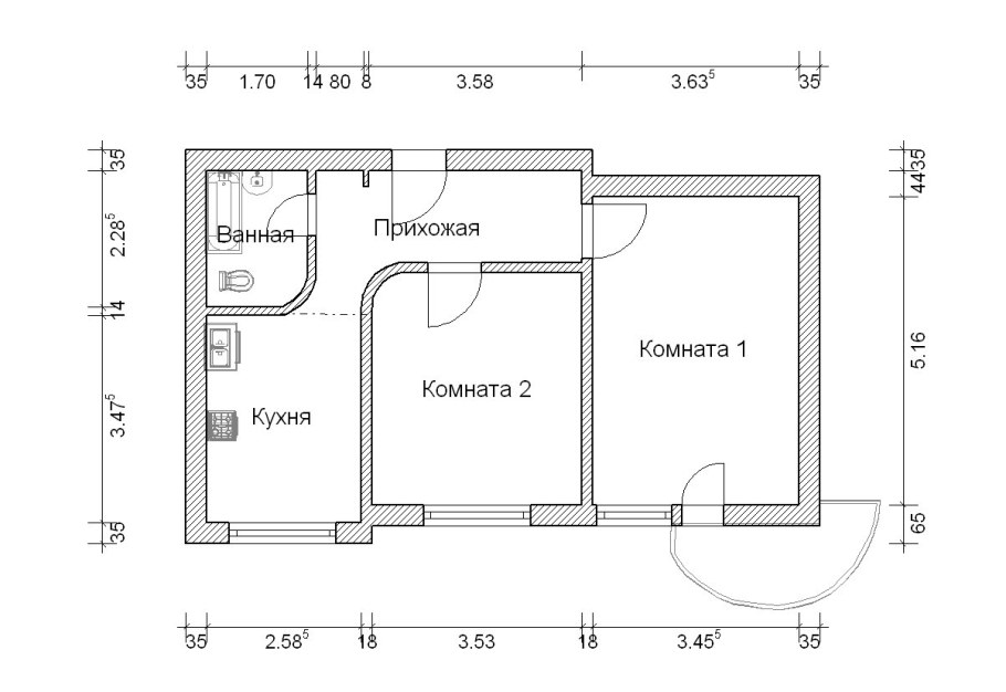 Чертеж двухкомнатной квартиры с размерами