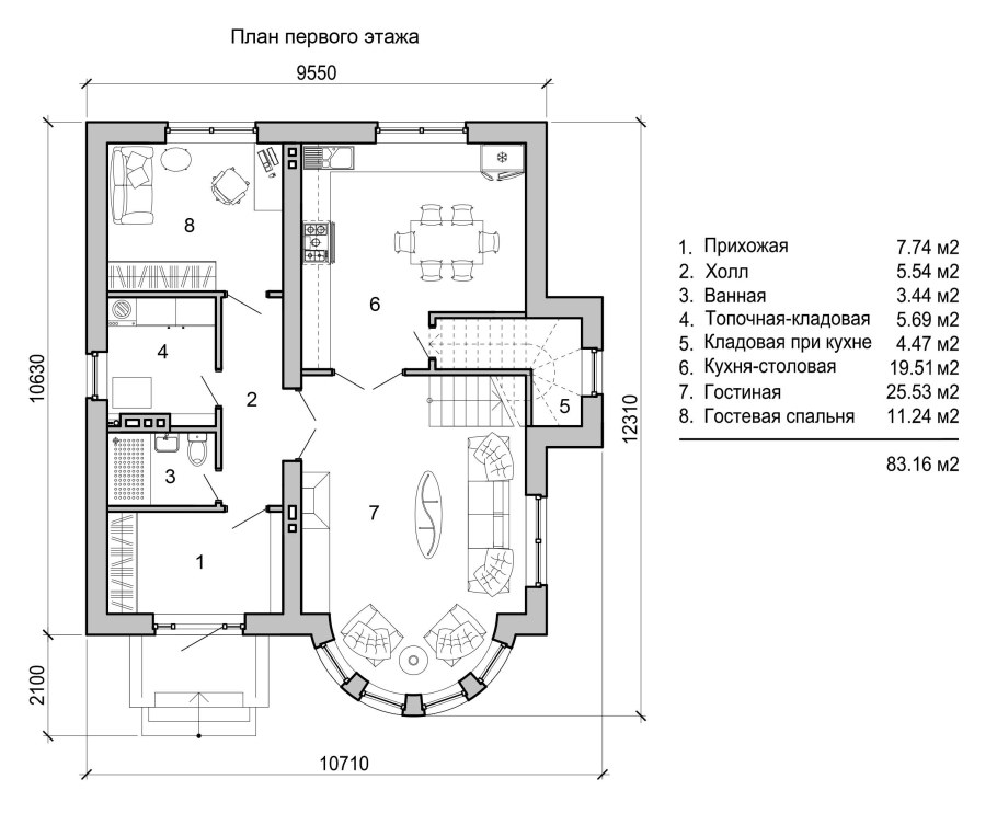 План первого этажа коттеджа с размерами