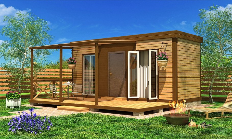 Домик из бытовки с верандой