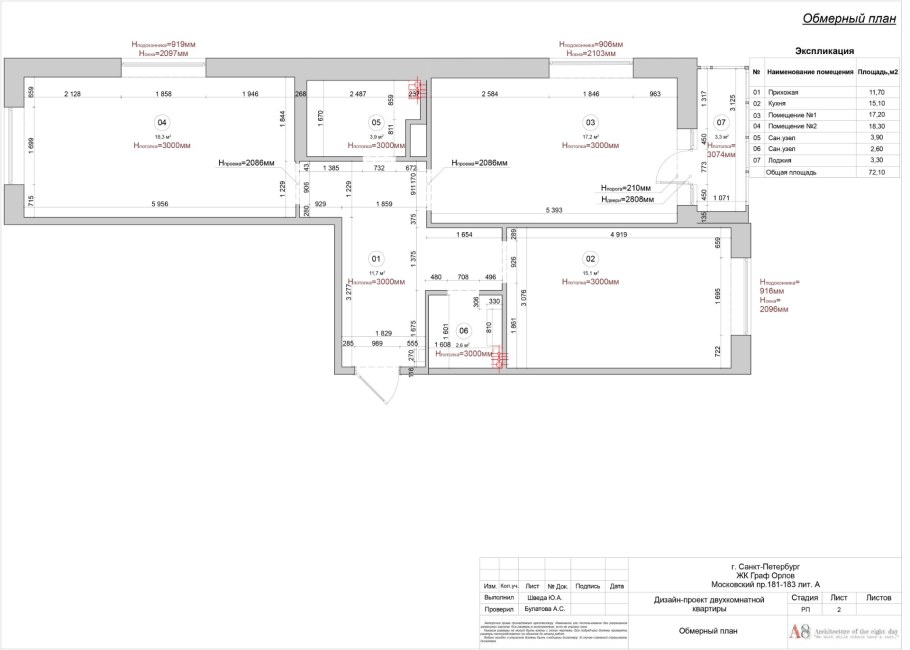 Обмерный план однокомнатной квартиры с размерами чертеж