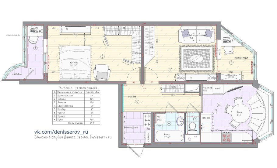 П44т двушка распашонка планировка с мебелью