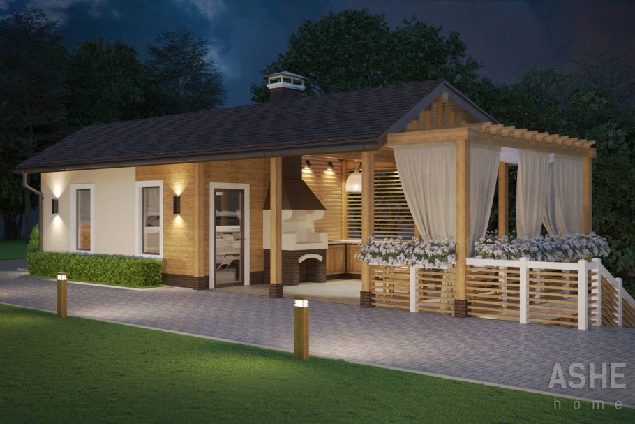 Одноэтажный дом с большой террасой в стиле Шале