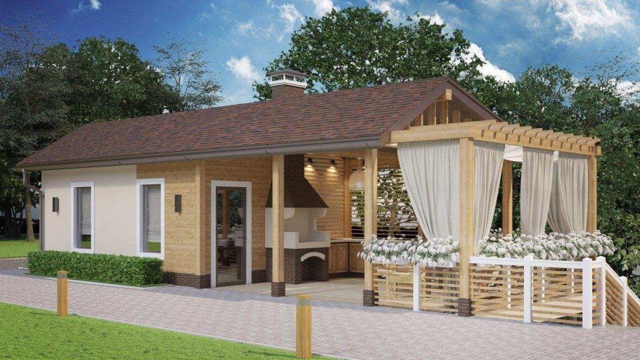 Баня из кирпича с верандой 6х8