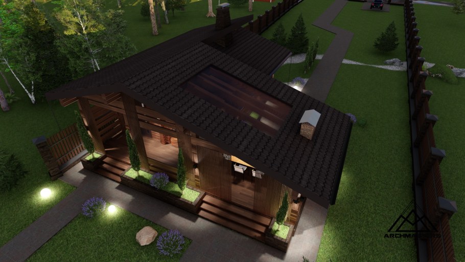 Баня с беседкой и барбекю под одной крышей