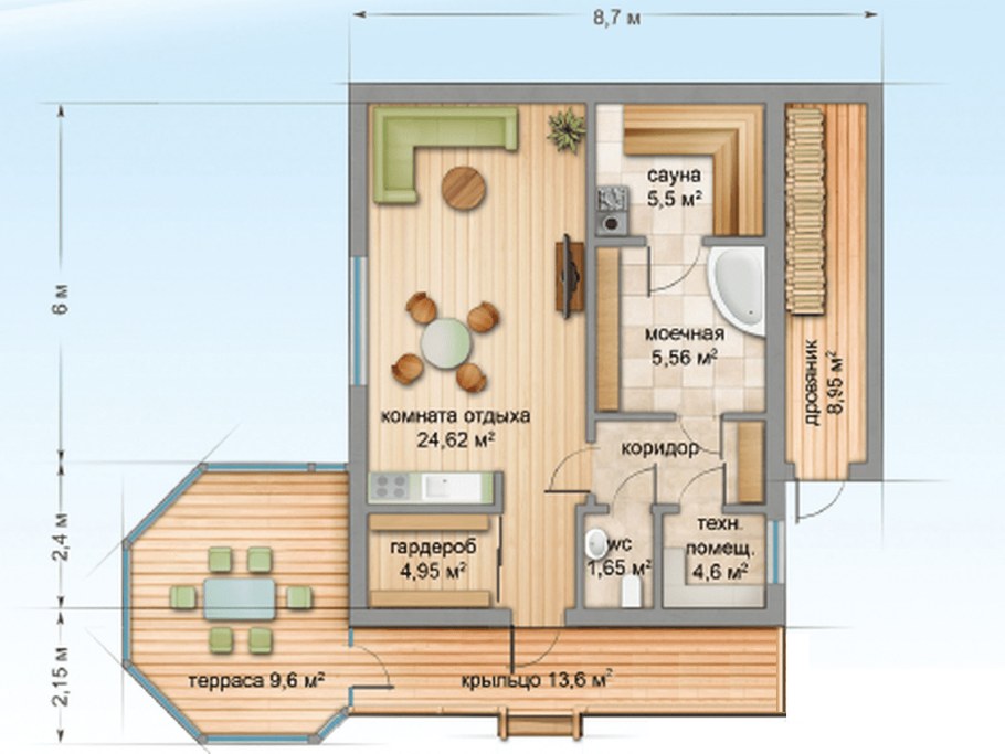 Баня с верандой 7х4м с санузлом из бруса проекты