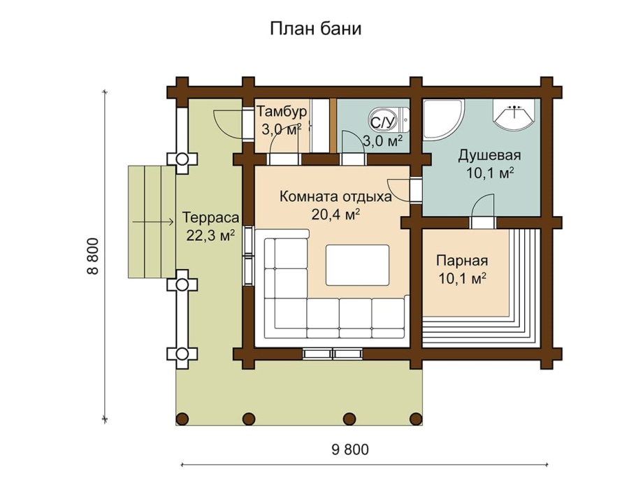 Проект бани с санузлом и комнатой отдыха
