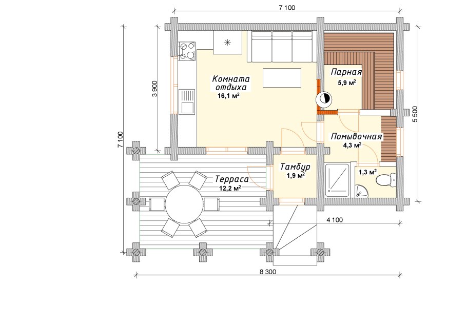 Планировка бани из клееного бруса 4*6 кв.м