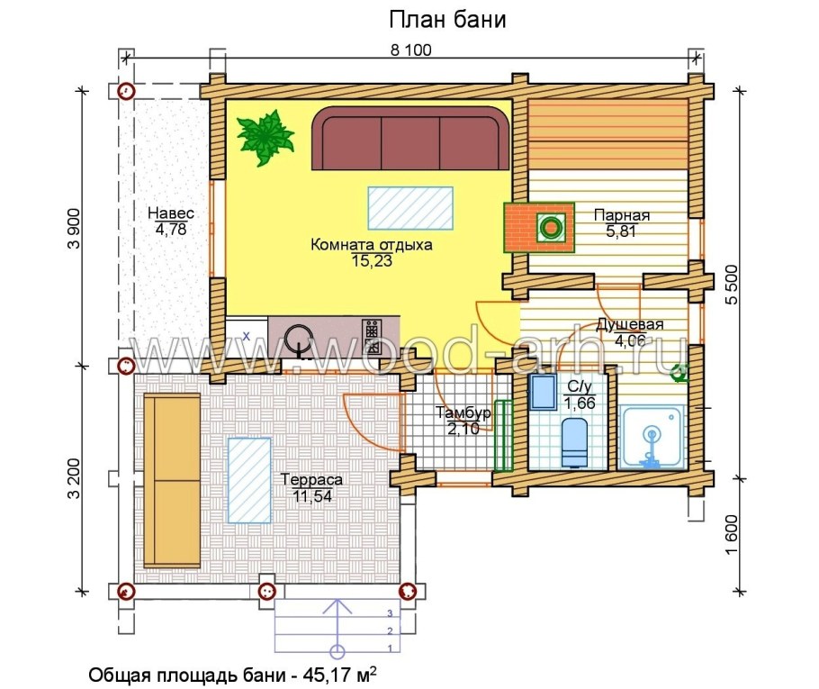 Баня 8х8 Одноэтажная планировка