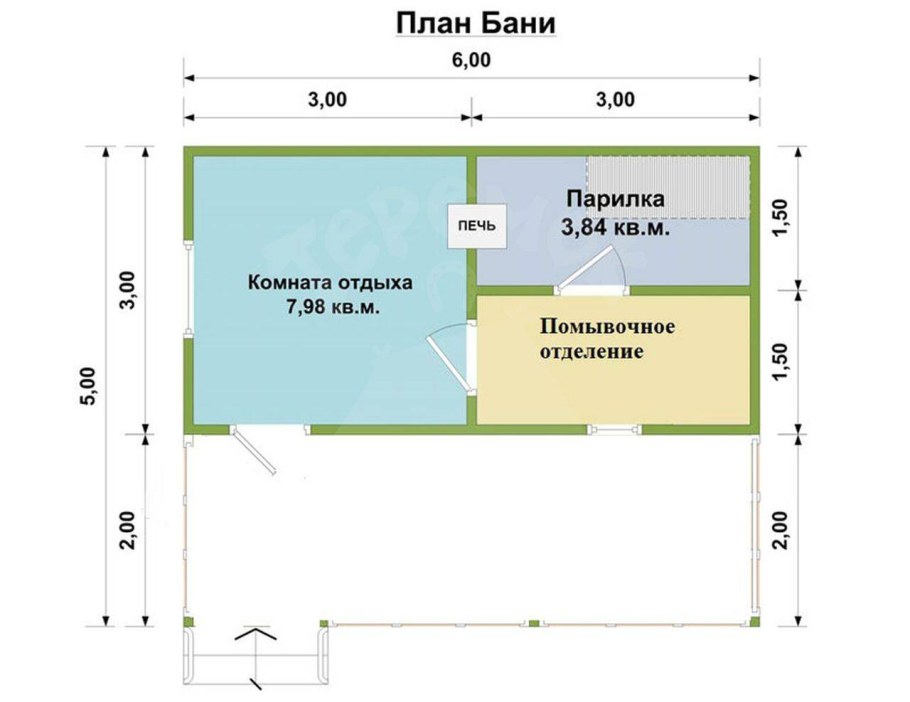 Баня 6х3 с террасой планировка
