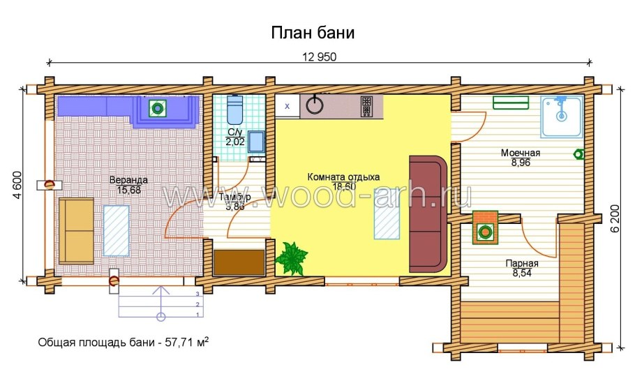 Планировка бани 12х6
