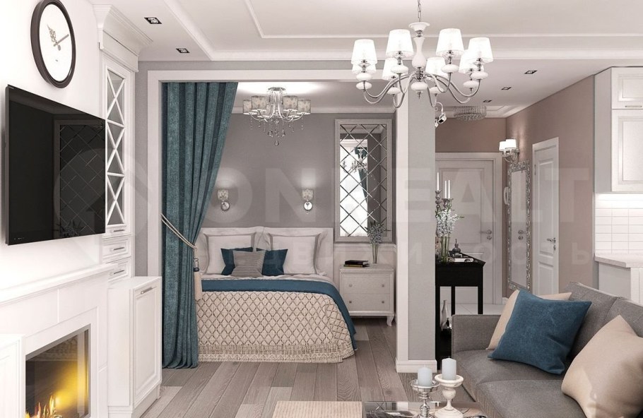 Гостиная 40 кв м стиль Неоклассика