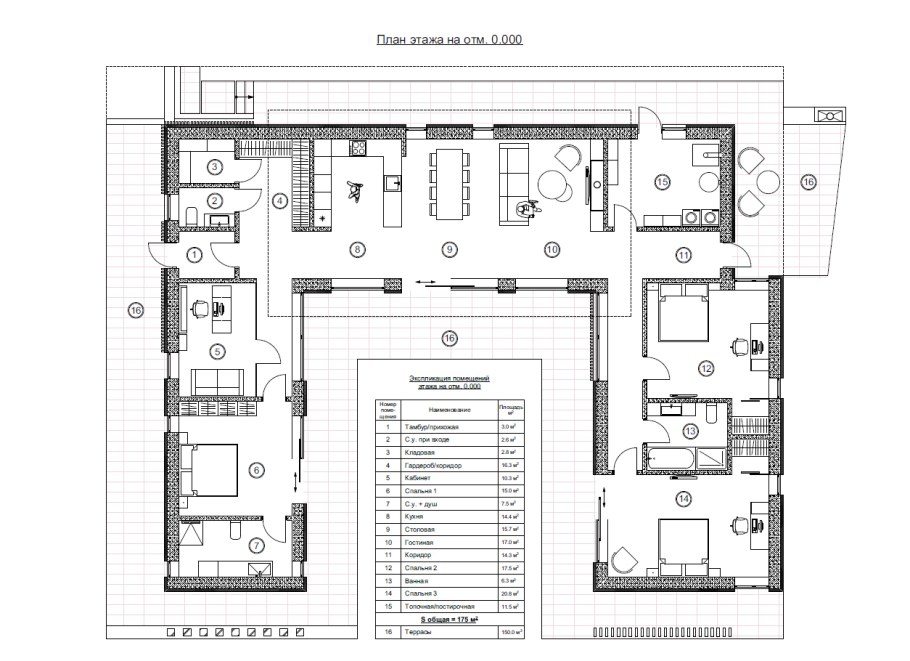 Планировка одноэтажного дома буквой п