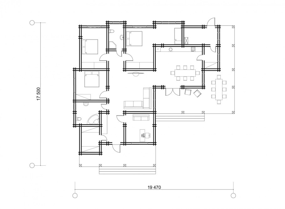 Угловой одноэтажный дом планировка