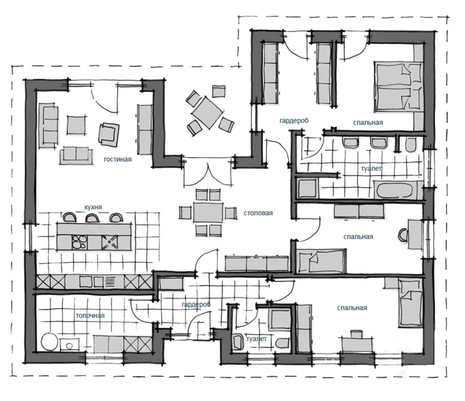 Одноэтажный г образный дом с тремя спальнями
