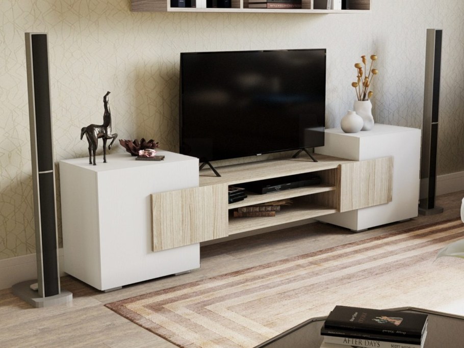 Тумба для ТВ, 2020х355х520, ясень шимо светлый/белый