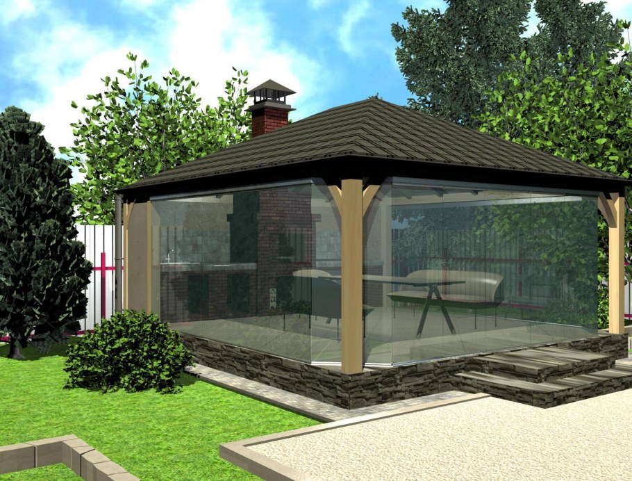 Застекленная беседка с барбекю