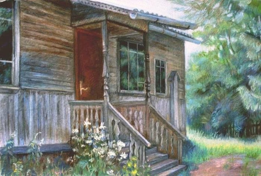 Деревенский домик с крыльцом