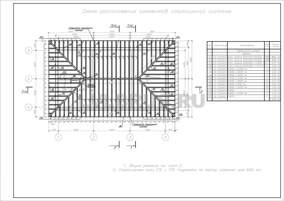 План стропил вальмовой крыши чертеж
