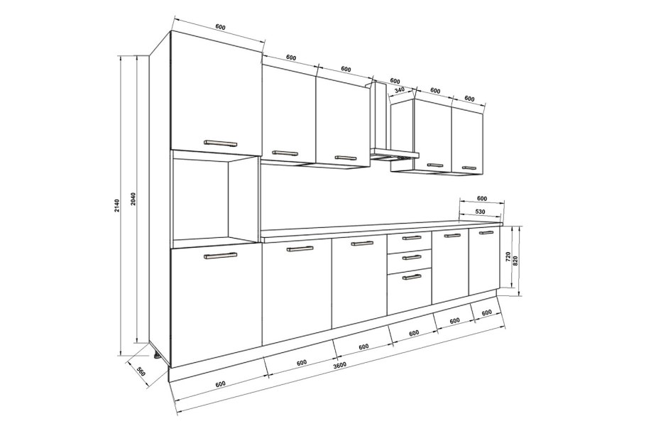 Планировка прямой кухни с холодильником