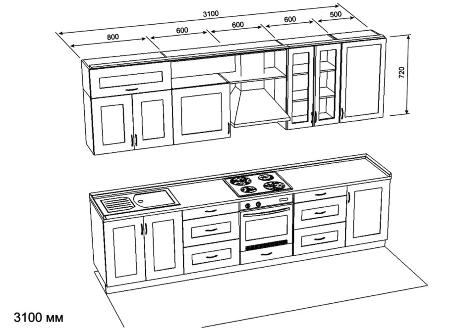 Кухонный гарнитур эскиз с размерами