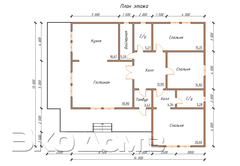 Планировка одноэтажного дома 10 на 10 с тремя спальнями