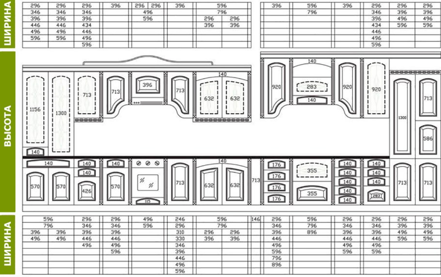 Проекты кухонных гарнитуров с размерами