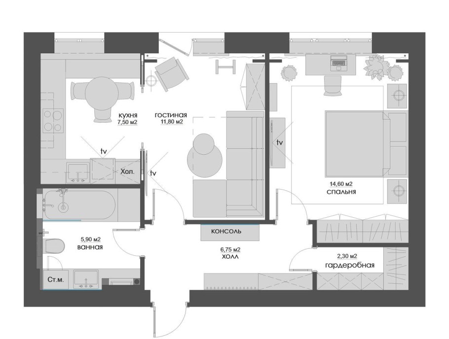 Планировка гостиная 60м2