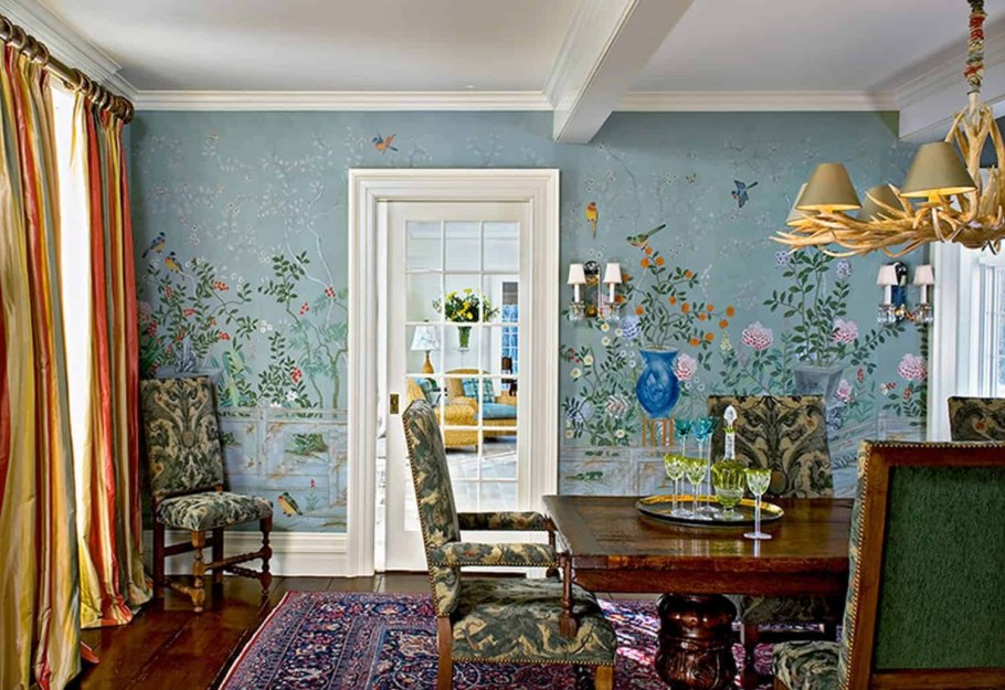 Шинуазри в интерьере гостиной шторы