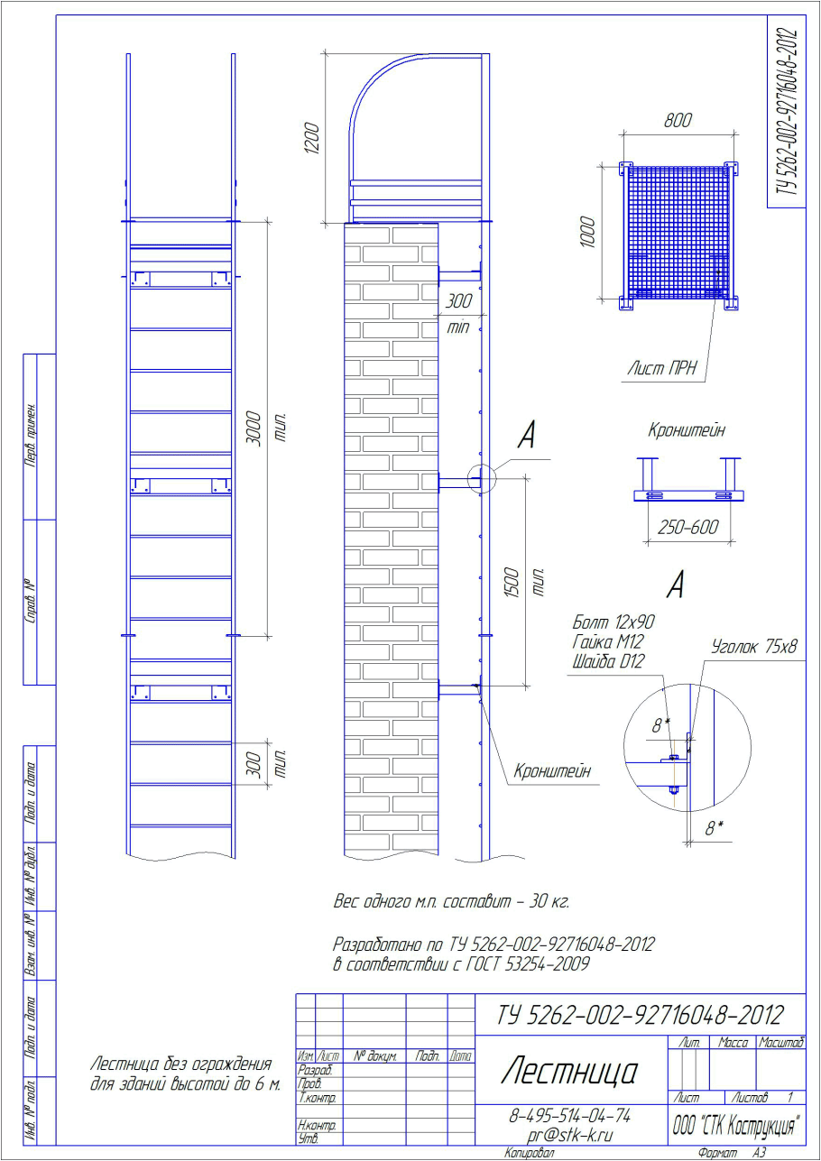 Лестница пожарная наружная вертикальная Тип п-1.2 чертеж