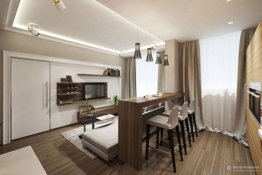 Гостиная с кухней с барной стойкой 50 кв