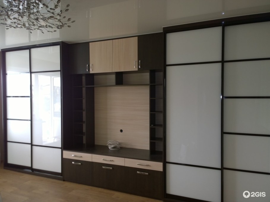 Шкаф-купе в зал на всю стену с телевизором