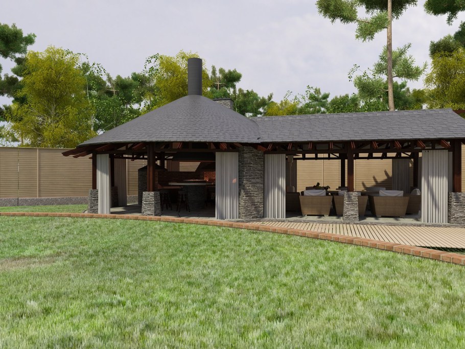 Летняя кухня с зоной барбекю