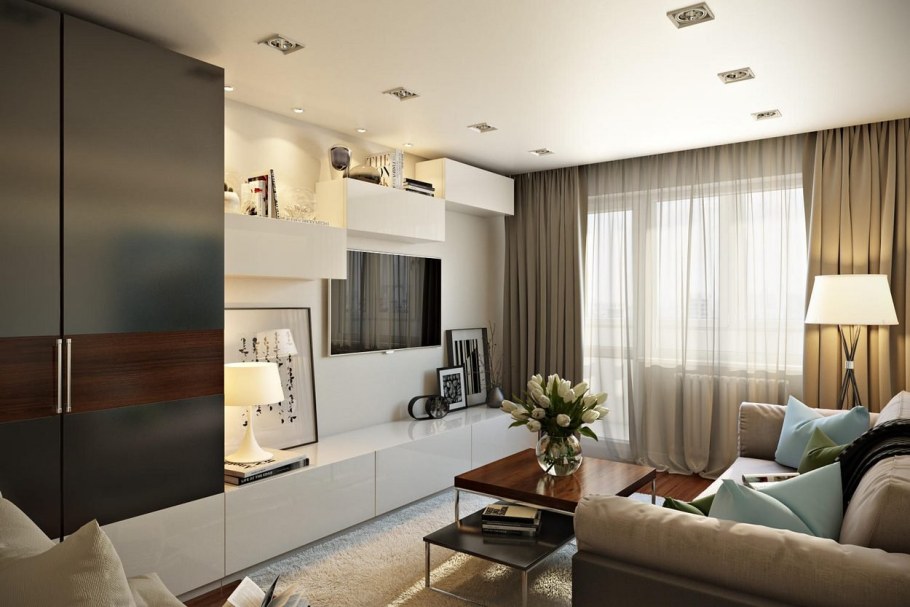 Интерьер современной гостиной в двухкомнатной квартире